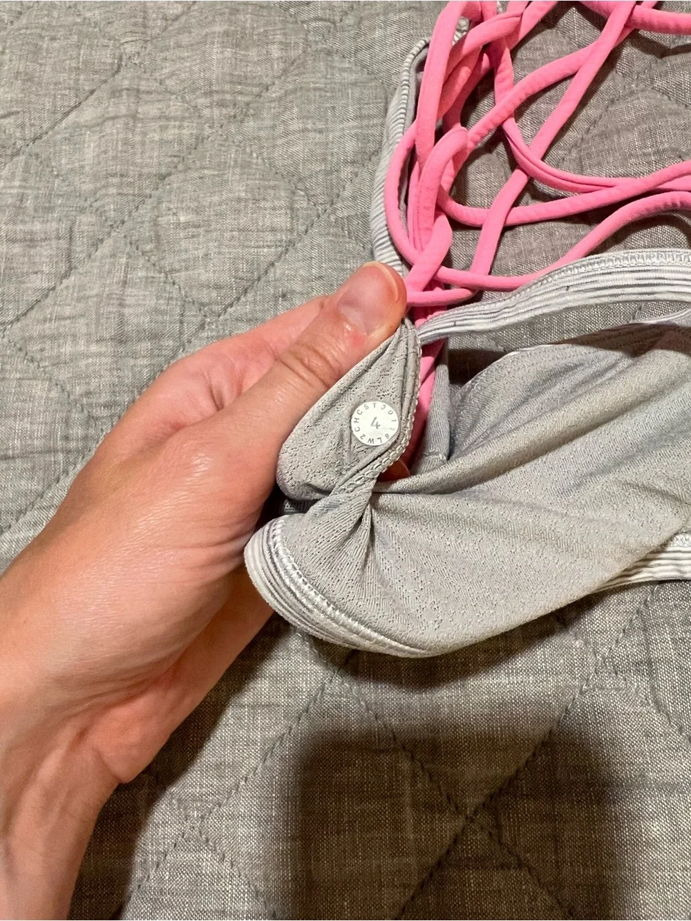 lululemon athletica Light Gray Striped Sports Bra with Pink Strappy Back